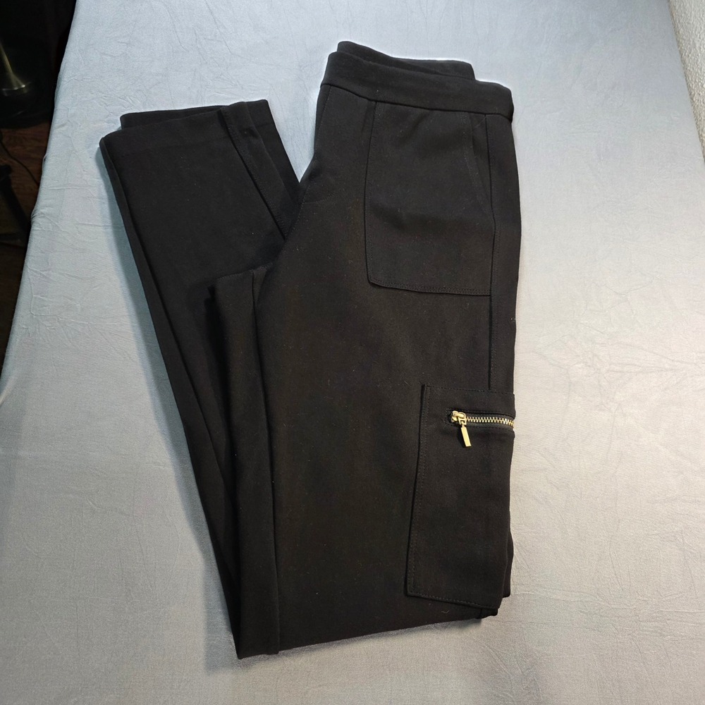Susan Graver Black Ponte Knit Slim Cargo Pants Leggings Gold Zipper Pocket XXS